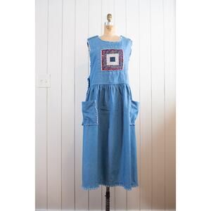 Vintage 90s Denim Quilted Jean Jumper Dress, Cottagecore Pinafore Pockets, XL
